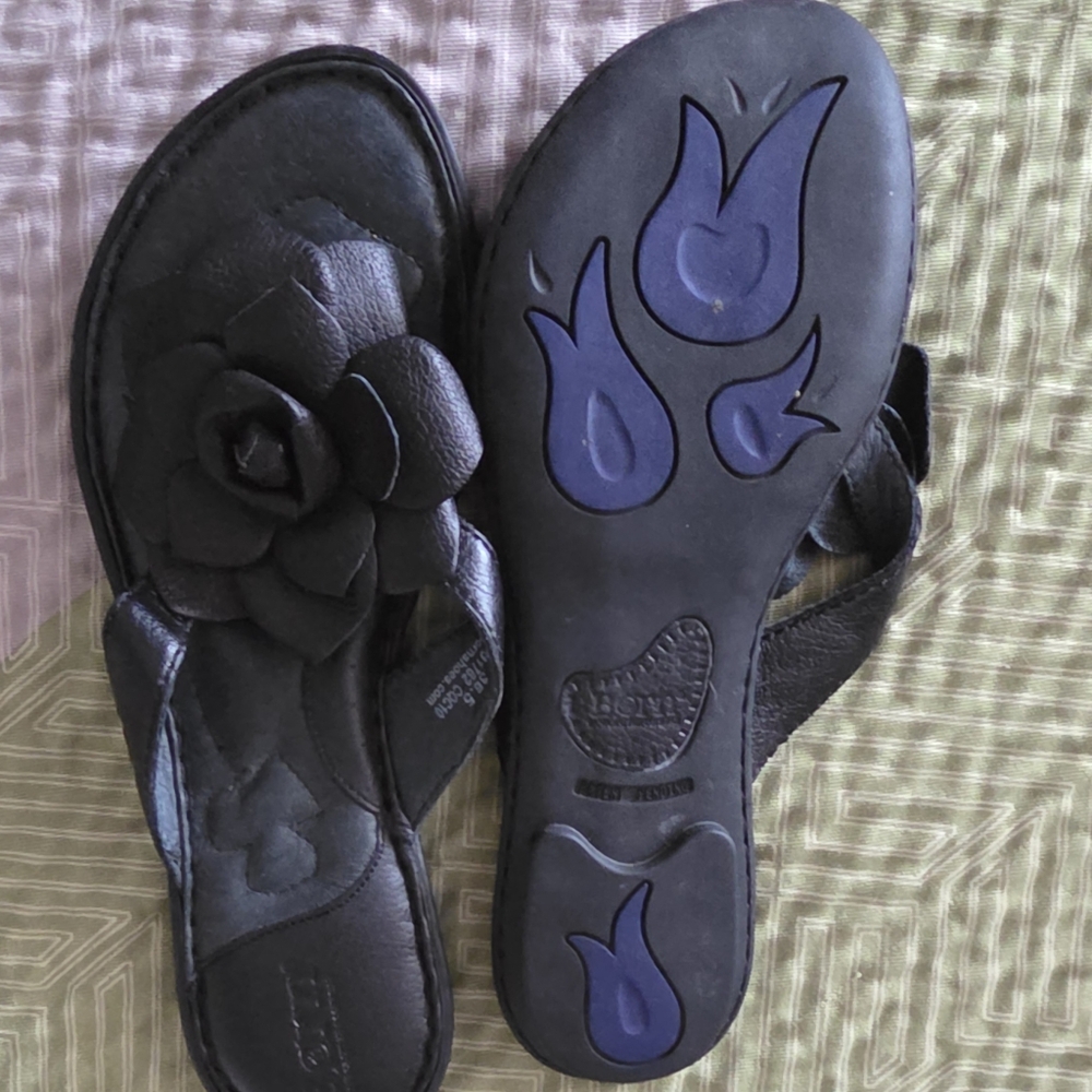 Born 3D flower Thong sandals Black Full Grain Leather 6 Opanka Construction 36.5 - Picture 4 of 6